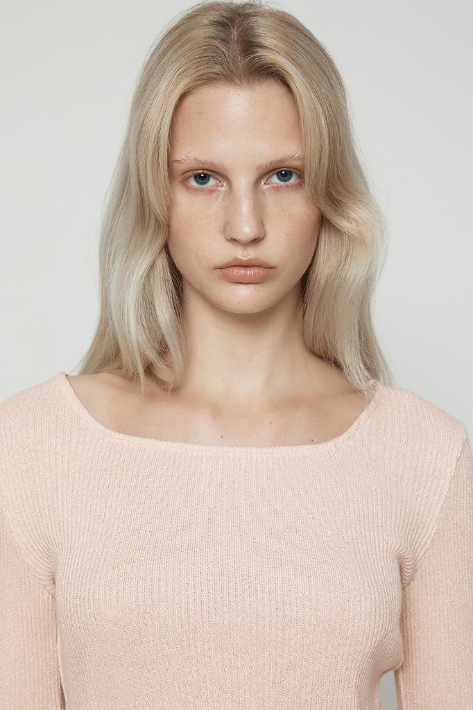 CURRENT Square Neckline Slit Long Sleeve [Light Pink]
