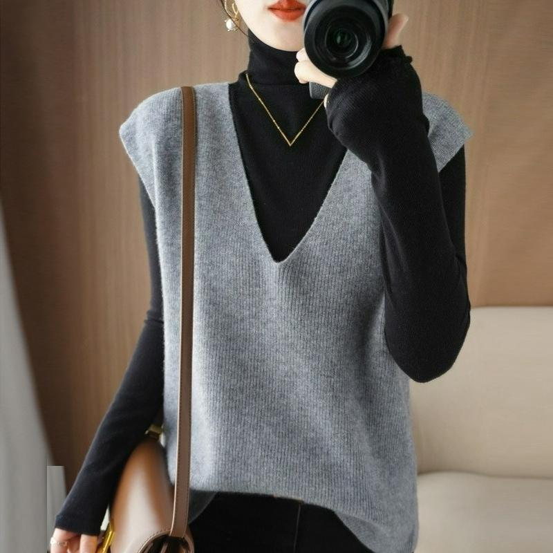 Autumn Women's Knitted Vest Pullover Vest Wool Waistcoat Deep V-neck Loose