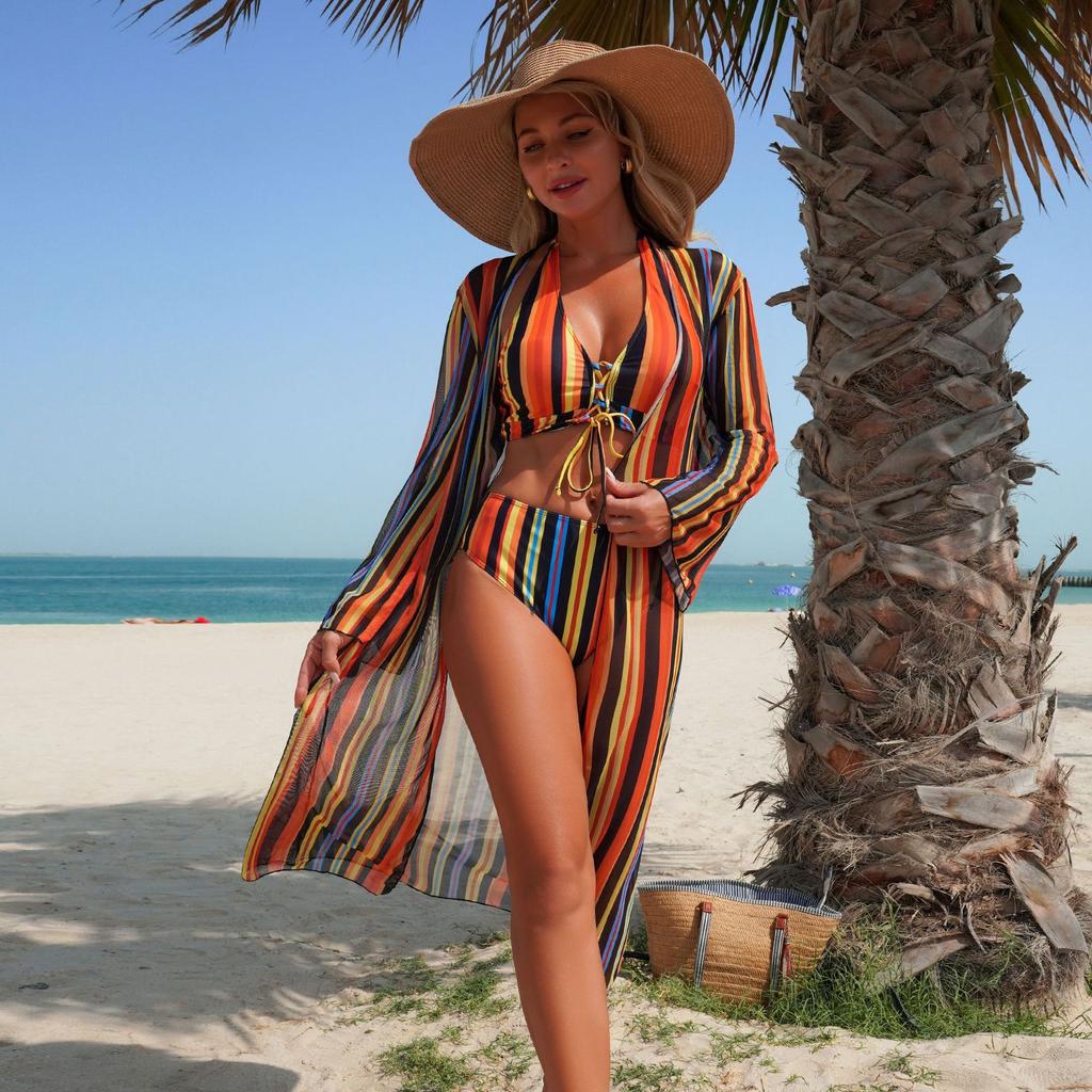 Fashion striped new fashion swimsuit three-piece blouse bikini bikini swimsuit