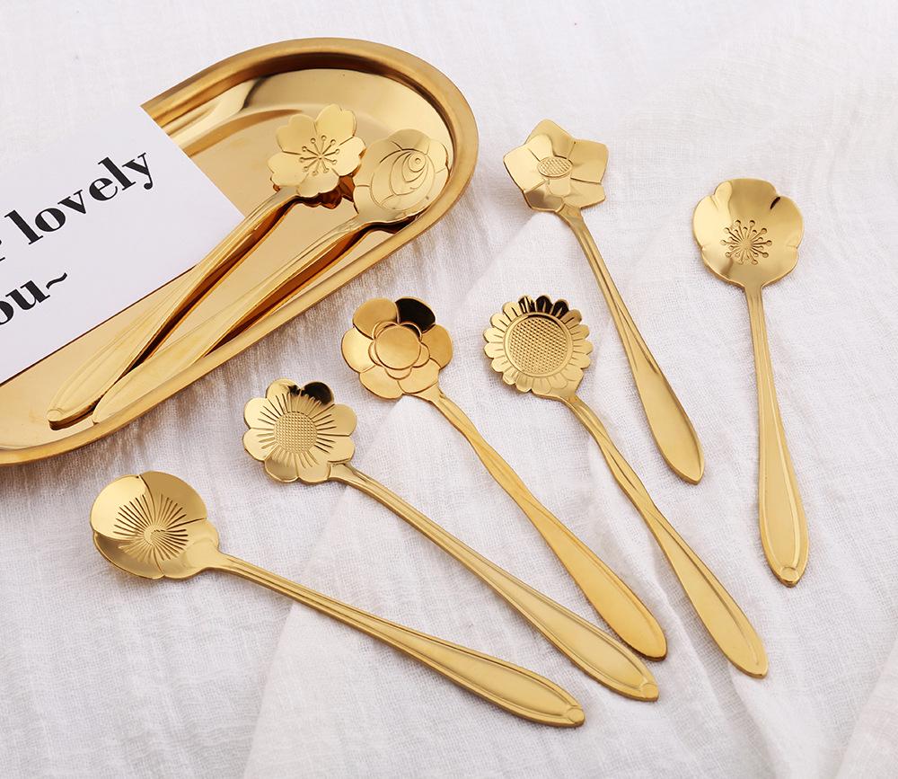 Gold Plated Christmas Flower Mixing Spoon - Japanese Stainless Steel Coffee Stirrer with Custom Logo Option.