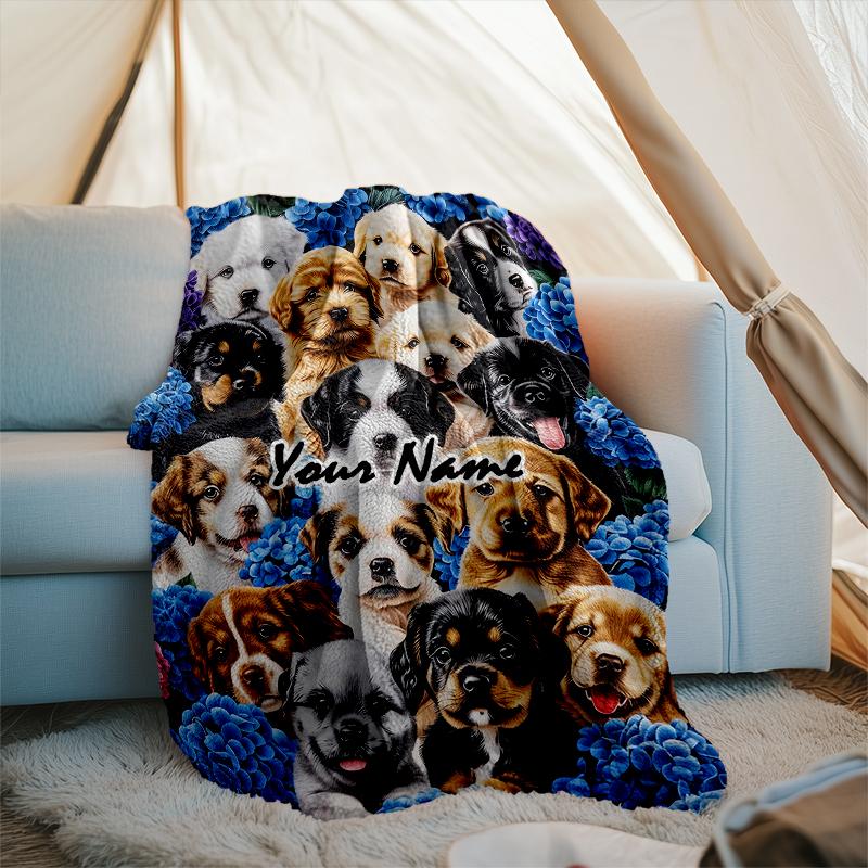 1PC Custom Name Puppies Blue Flowers Outdooor Flannel Blankets Patterns Throw Blanket All-Season Soft Gift for Couch, Bed, Camping Gifts