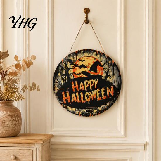 Halloween Party Home Ornament Witch Hanging Sign, 8" Round Wooden Door Autumn Forest Festive Decoration Witches Rustic Holiday Sign for Front