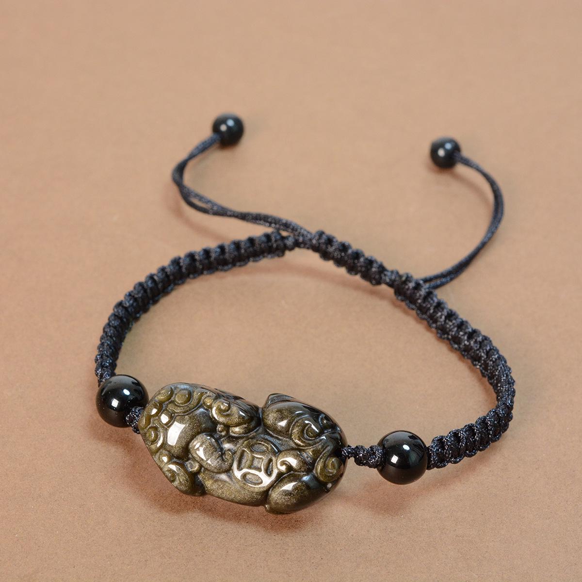 Golden Obsidian Tai Chi Pixiu Bracelet - Handmade Woven Yin Yang Bagua Design