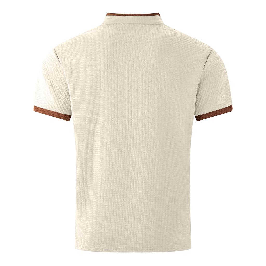 Men's Color Blocked V-neck Single Breasted Shirt  Men's Casual And Comfortable Short Sleeved Shirt