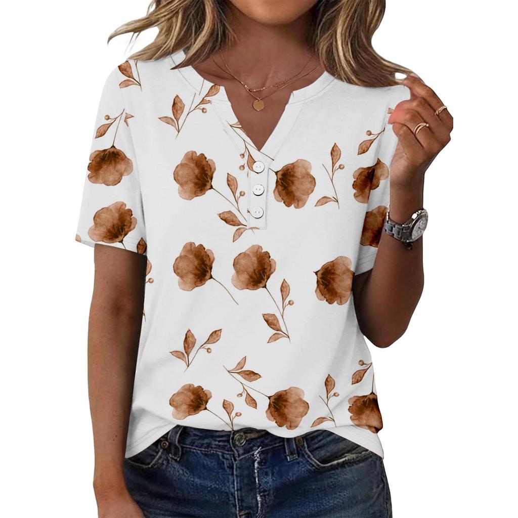 Women's Casual Floral Print V-Neck Short Sleeve Button T-Shirt