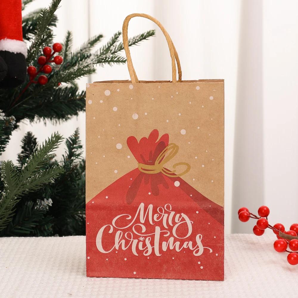 Kraft Paper Bag Christmas Packaging Gift Paper Handbag Santa Claus Snowman Pattern Merry Christmas Home Party Decor Candy Sack