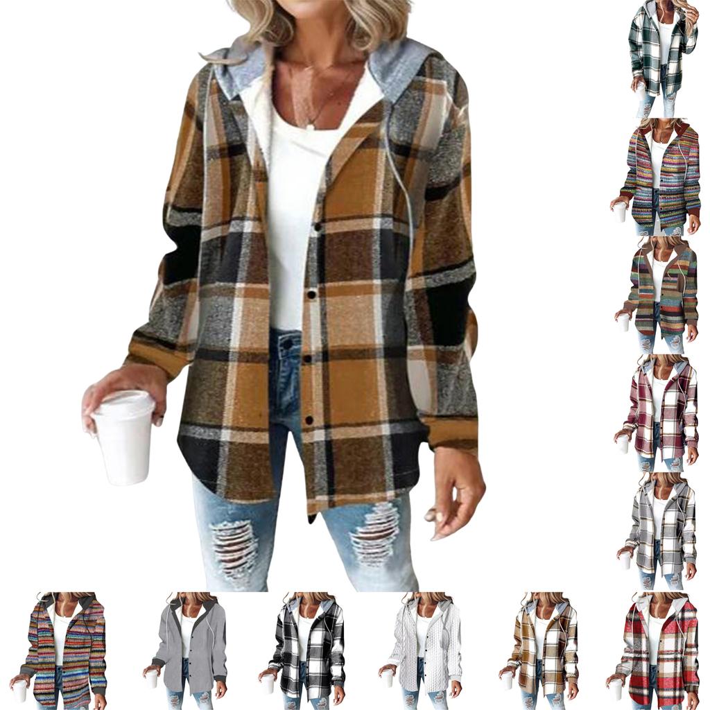 Women's Casual And Fashionable Large Plaid Pattern Patchwork Hooded Button Jacket