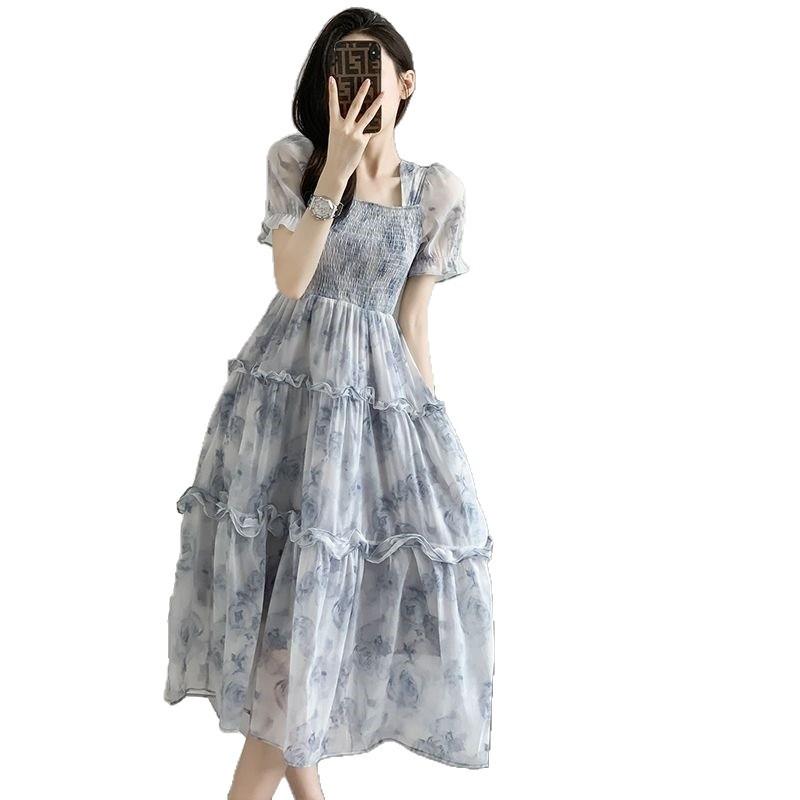 French summer new romantic lace splicing pink suspender dress women's sweet and gentle temperament long dress