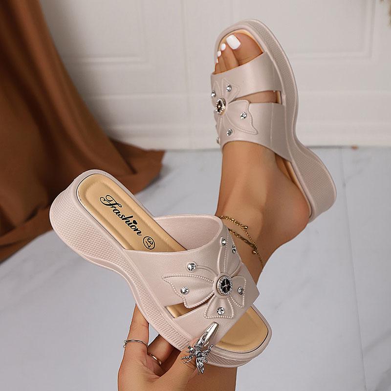 Fashion Shiny Crystal Wedges Sandals for Women Butterfly Decor Chunky Platform Casual Slippers 2025 Summer Thick Sole Non Slip Slides
