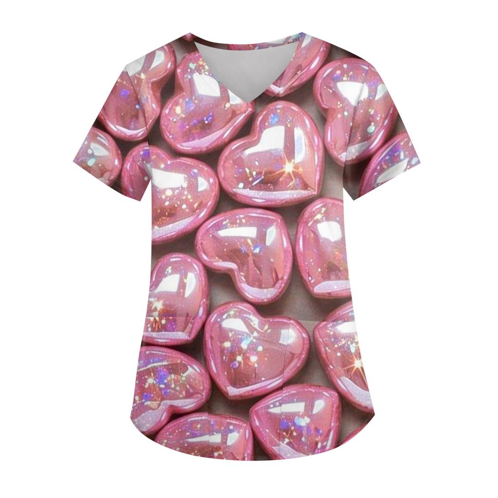 Damen Valentinstag Bedruckt Modisch V-Ausschnitt Tasche Kurzärmelig Uniform Und Pflegeroberteil