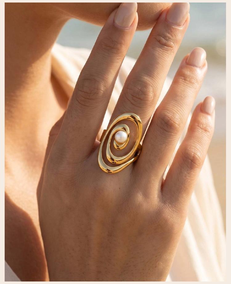 Luxury 18K Gold Plated Open Wrap Ring, Abstract Swirl Pearl Adjustable Minimalist Stainless Steel Jewelry Gift for Women
