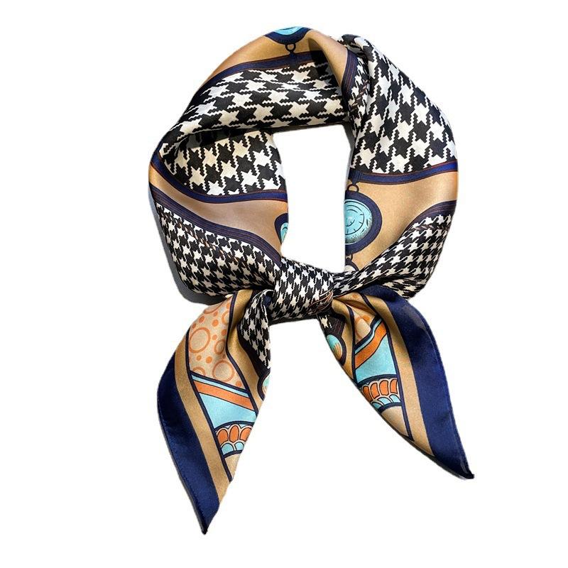 Thousand Birds Plaid Scarf Simulation Silk Square Scarf Small Silk Scarf Versatile Scarf Decorative Tie Hair European and American Style New Women