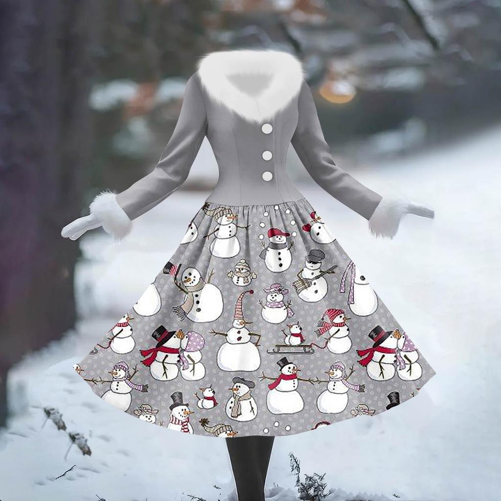 Women's Casual Hooded Dress Long-Sleeve V-Neck Patchwork Fleece Christmas Print Dress