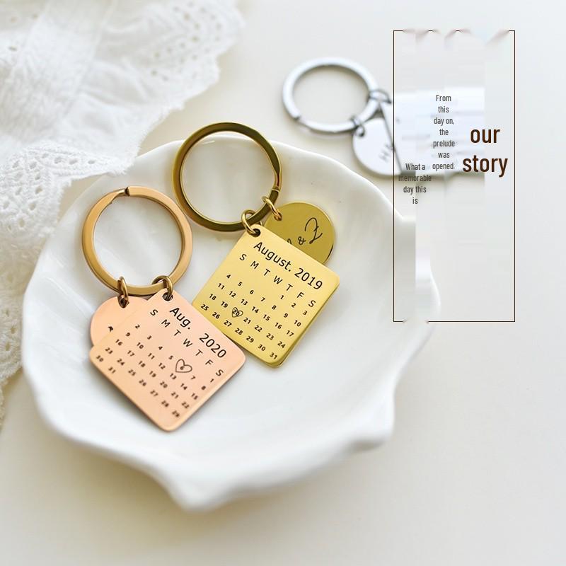 Trendy DIY Laser Engraved Stainless Steel Keychain Ornaments: Round & Square Calendar Pendants
