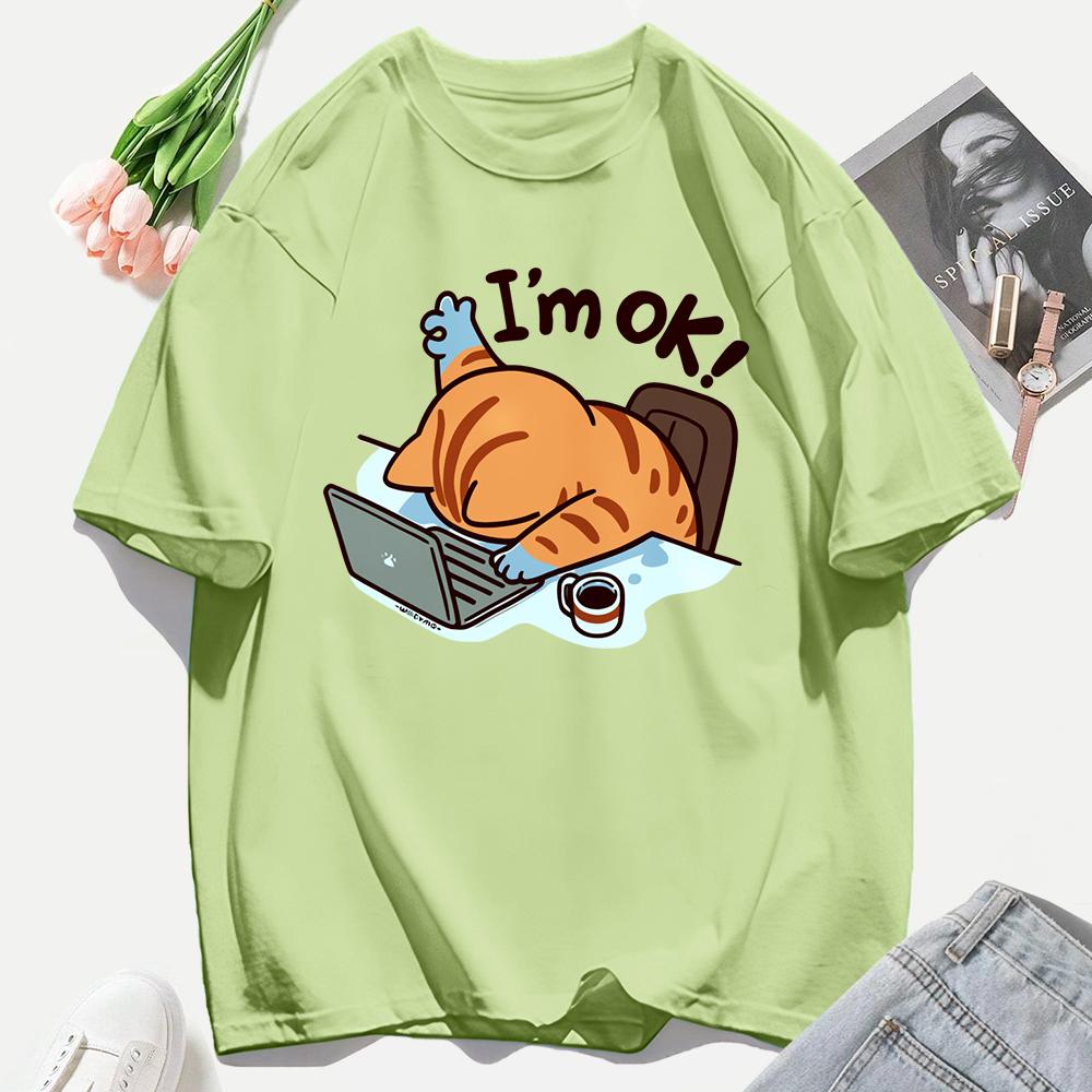 A Cat That Persists In Work Print Women T Shirts Casual Hip Hop Tees Tops Multicolor Cotton Sportswear Loose Short Sleeve Female
