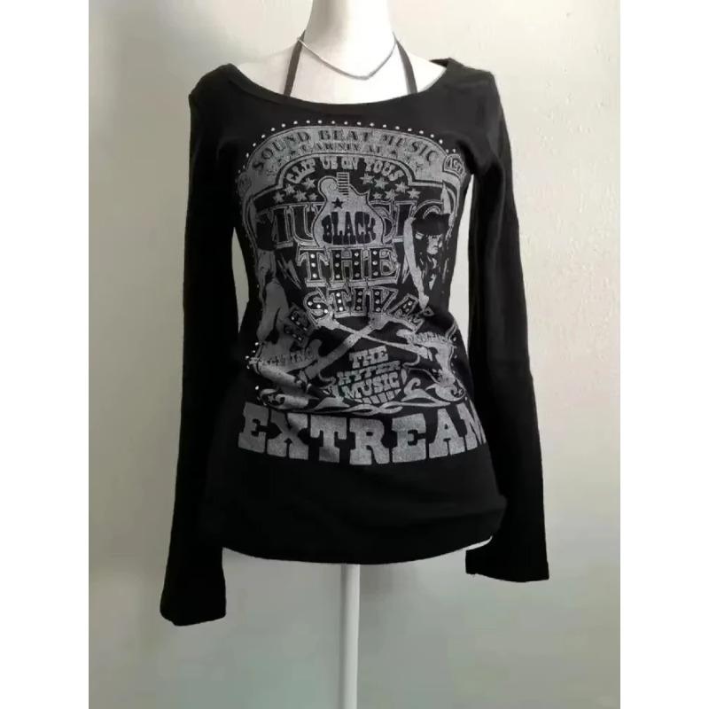 Americké Vintage Tričko Dvě Falešné Části Dámské Streetwear Hip Hop Gotické Harajuku Grunge Y2k Crop Top Černé Lebky Punková Trička