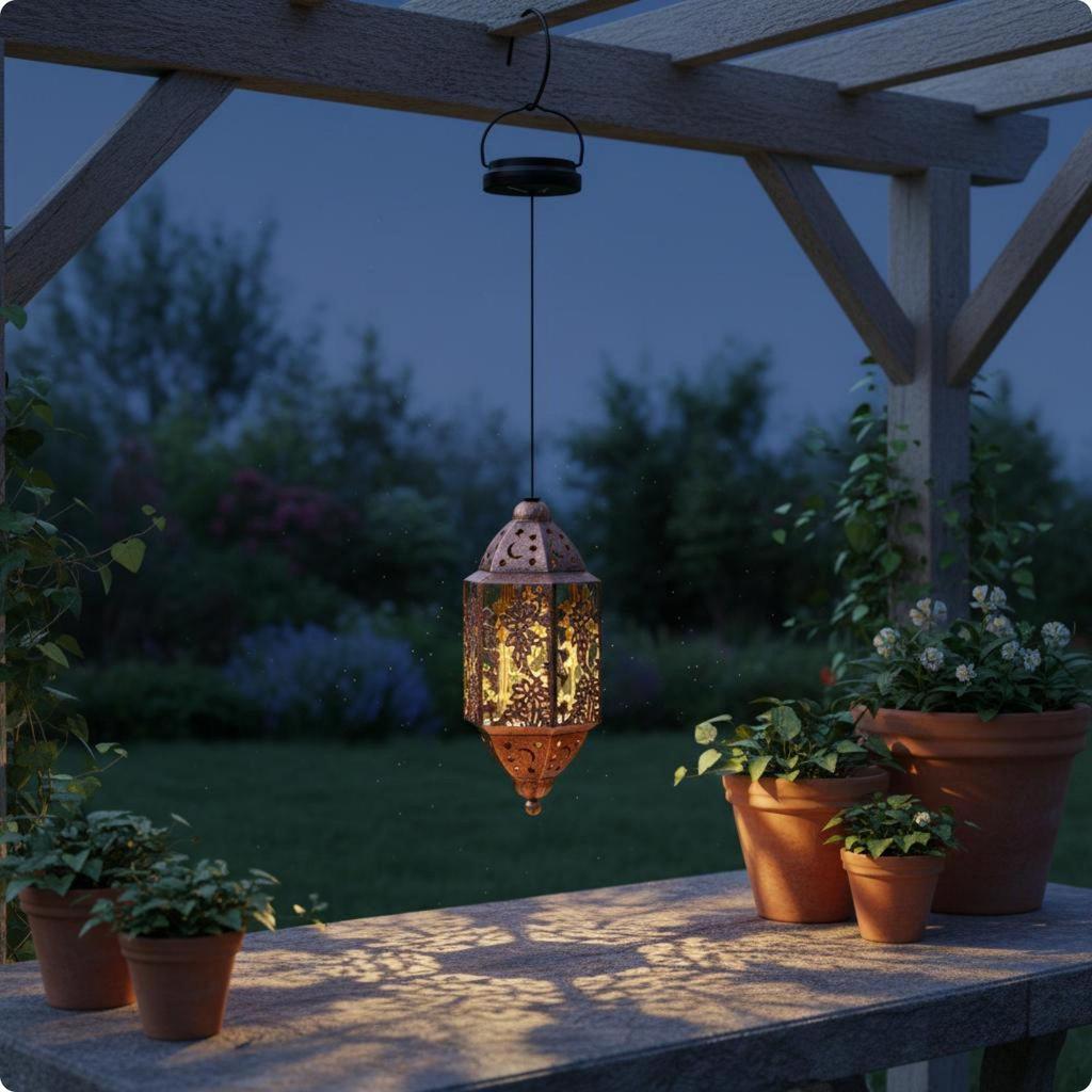Metal Solar Lantern Hollow Carved Pattern Hanging Automatically Turns on at Dusk