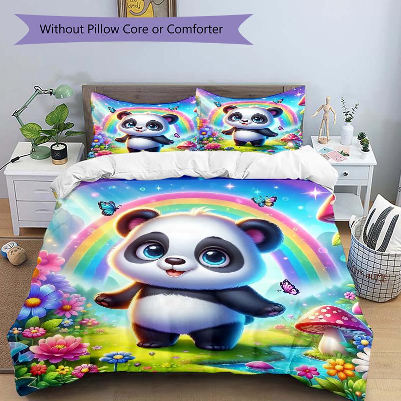 3pcs Rainbow Panda Bedding Set - Includes One Quilt Cover and Two Pillowcases (No Core) - Festival Gift for Bedroom Decor - Anime Cartoon De
