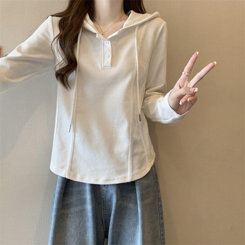 Korean Style Plus Size Hooded Cotton Long-Sleeve T-Shirt for Autumn/Winter - Fashionable Loose Fit Base Layer for Chubby Women