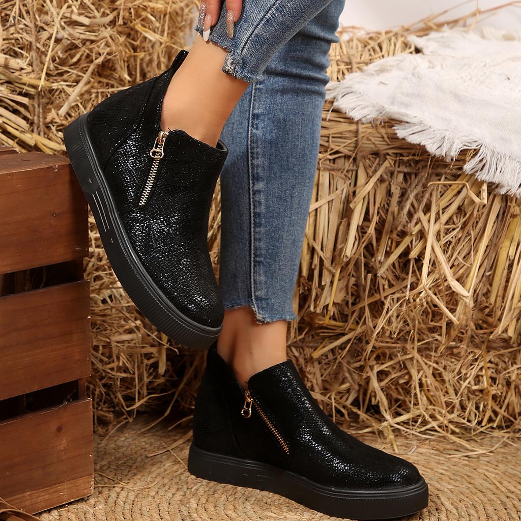 Fashion Sexy Black Shiny Snake Pattern Casual Shoes Women 2025 Summer Double Zip Decoration Round Toe Low Heel Ankle Boots Punk Sneaker
