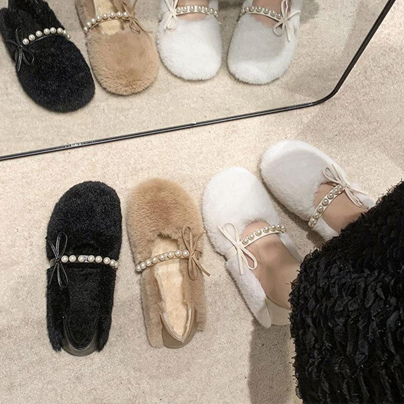 Fairy Wind Fluffy Shoes, Female Outer Wear Pearl Velvet Beanie Shoes, Bow One Pedal Versatile Flat Cotton Shoes