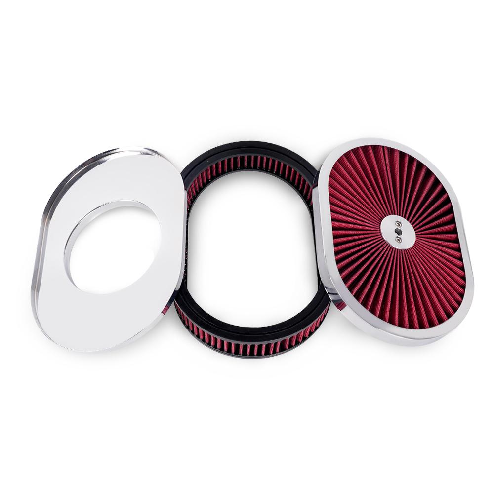 High Flow Chrome 12'x2' Oval Air Cleaner Filter Assembly 5-1/8' Carb Neck W/ Flow-Thru Lid for GMC Chevy Ford Chryler Dodge