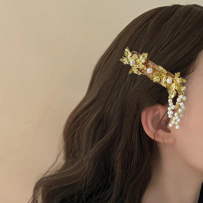 Diamond-encrusted Square Love Pearl Tassel Hairpin New Chinese Retro National Style One-word Clip Fashion Guochao Hair Accessories Women