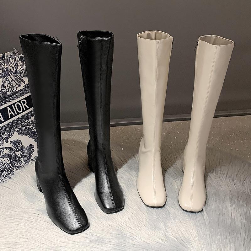 Boots Women's Autumn and Winter Side Zipper Boots Women's Knee High Knight Boots Thick Heel Square Head Boots