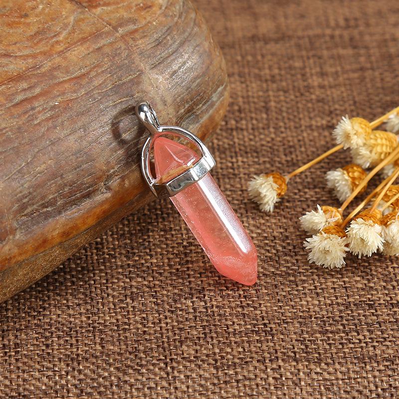 Natural Stone Amethyst & Rose Quartz Double-Pointed Hexagonal Pendant Necklace