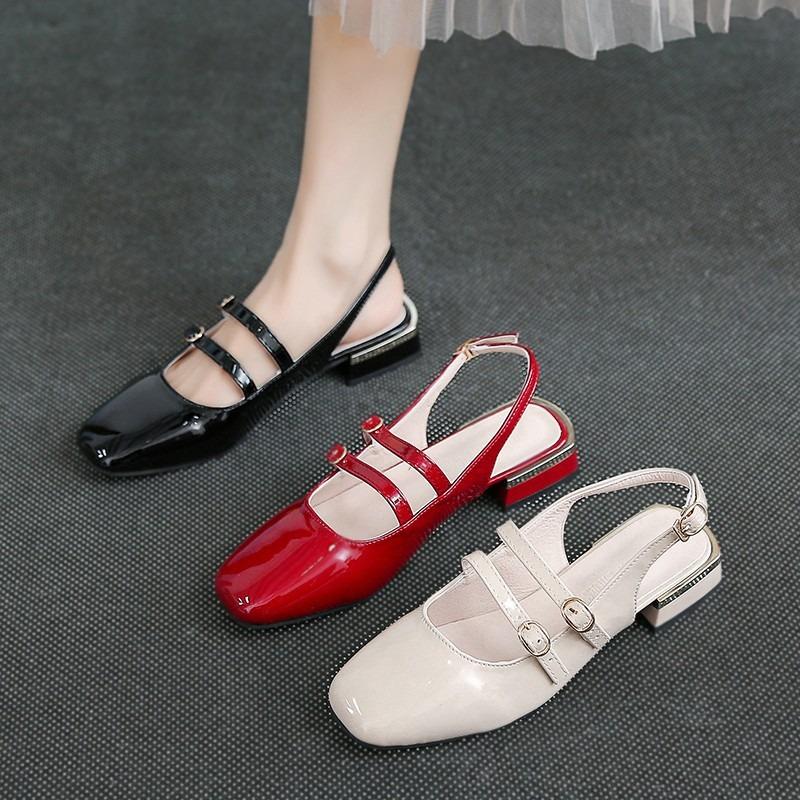 Fashion Mary Janes Women's Sandals Square-Toe Double-Buckle Patent Leather Heel Shoes  with Jean Styling Heels for Ladies Talons Femme