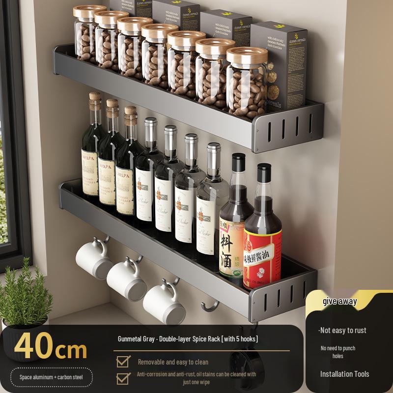 Gun Gray No-Drill Wall-Mounted Kitchen Storage Rack for Knives and Seasoning