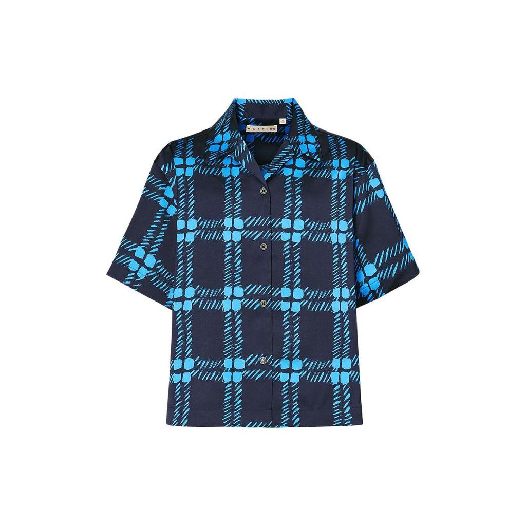 Uniqlo Marni Collaboration SS22 Plaid Single-Breasted Short Sleeve Shirt Women shirts Navy 451548-69