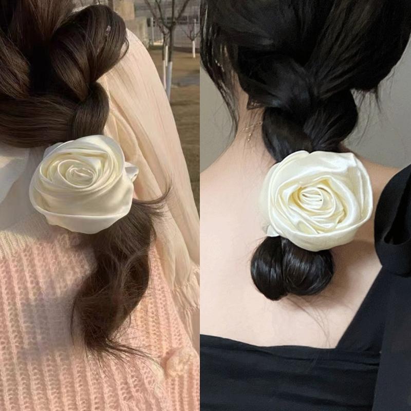Korean Women Rose Elastic Hair Bands Hair Scrunchies Big Flower Satin Hair Rope Charm Horsetail Gentle Hair Accessories