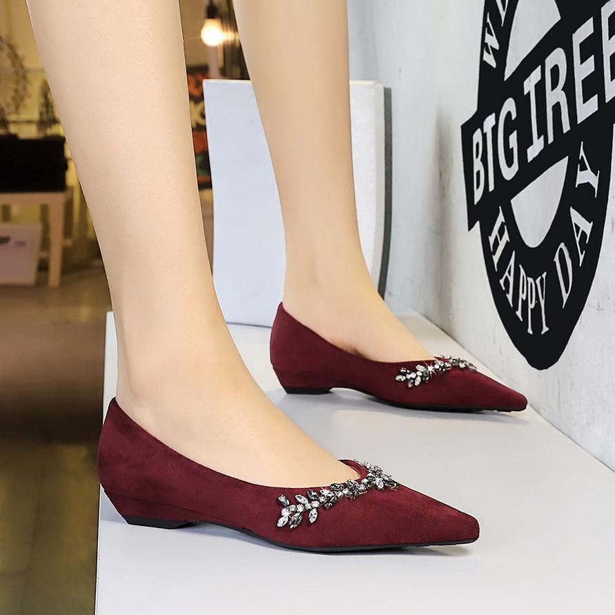 French Pointed Rhinestone Chain Decoration Single Shoe Suede Shallow Mouth Slope Heel Low Heel Women's Shoes