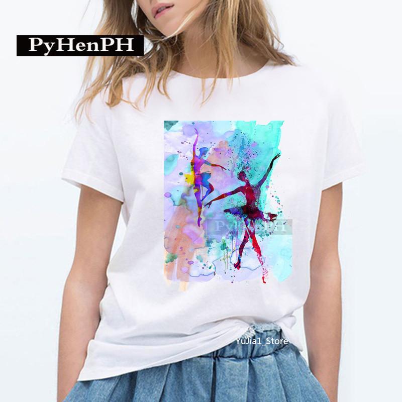 Elegant Ballet Print Short Sleeve T-shirt Women's Slim Fit Summer Top Modal Fabric Student Girl Fashion Polyester