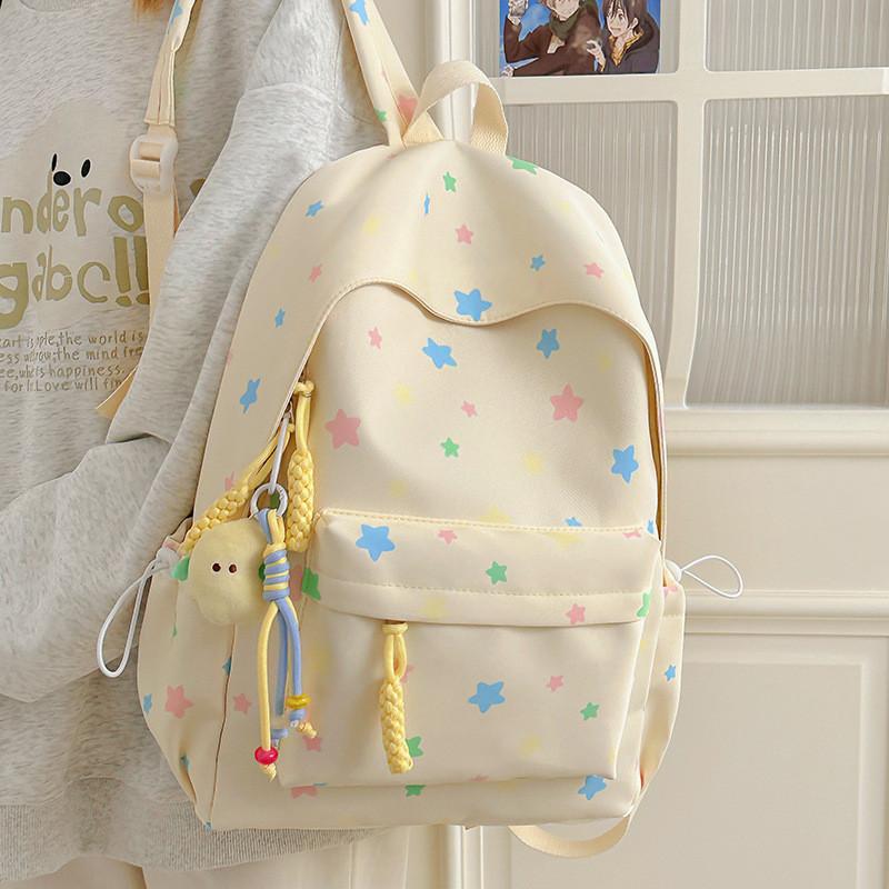 Cute Colorful Star Patterned Student Lightweight Backpack With Plush Pendant For Casual Use