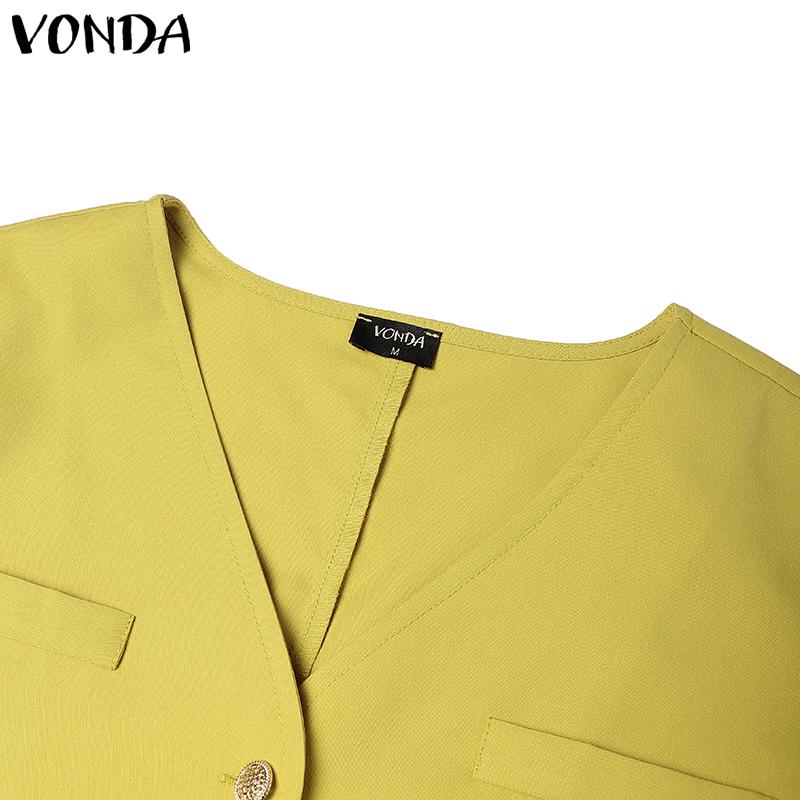 VONDA Women V Neck Short Sleeve Buttons Up Casual Elegant Cropped Blouse