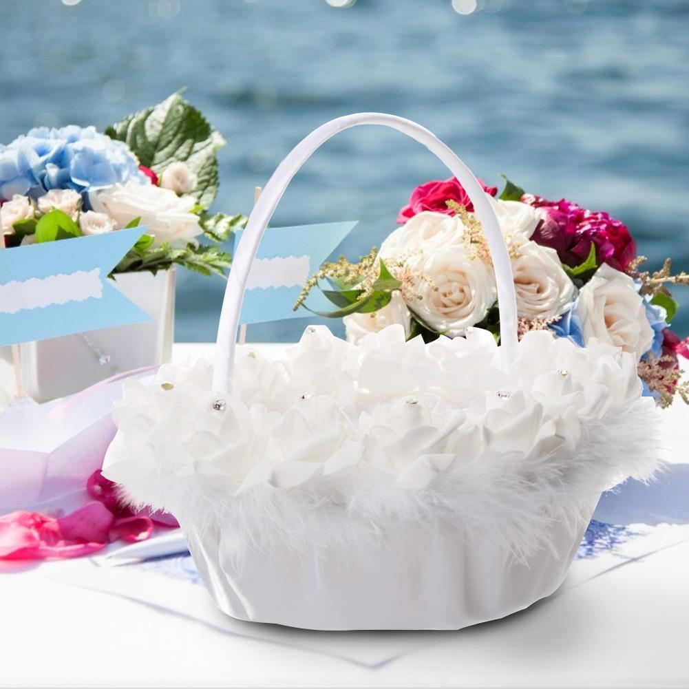 Panier à Fleurs Léger et Élégant pour Mariage de Fille avec Panier à Bonbons Décoré de Satin Blanc