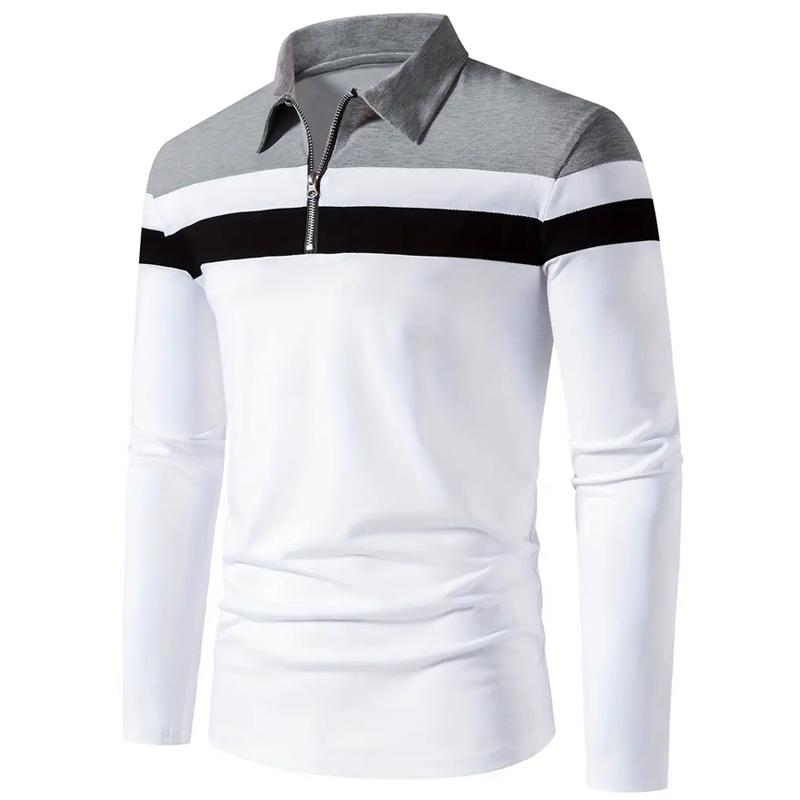 Spring Autumn Men Clothes Long Sleeve Casual Zipper Polo Shirt Men Spell Color Golf Tops 100% Plyester Lapel Sport Golf Polo