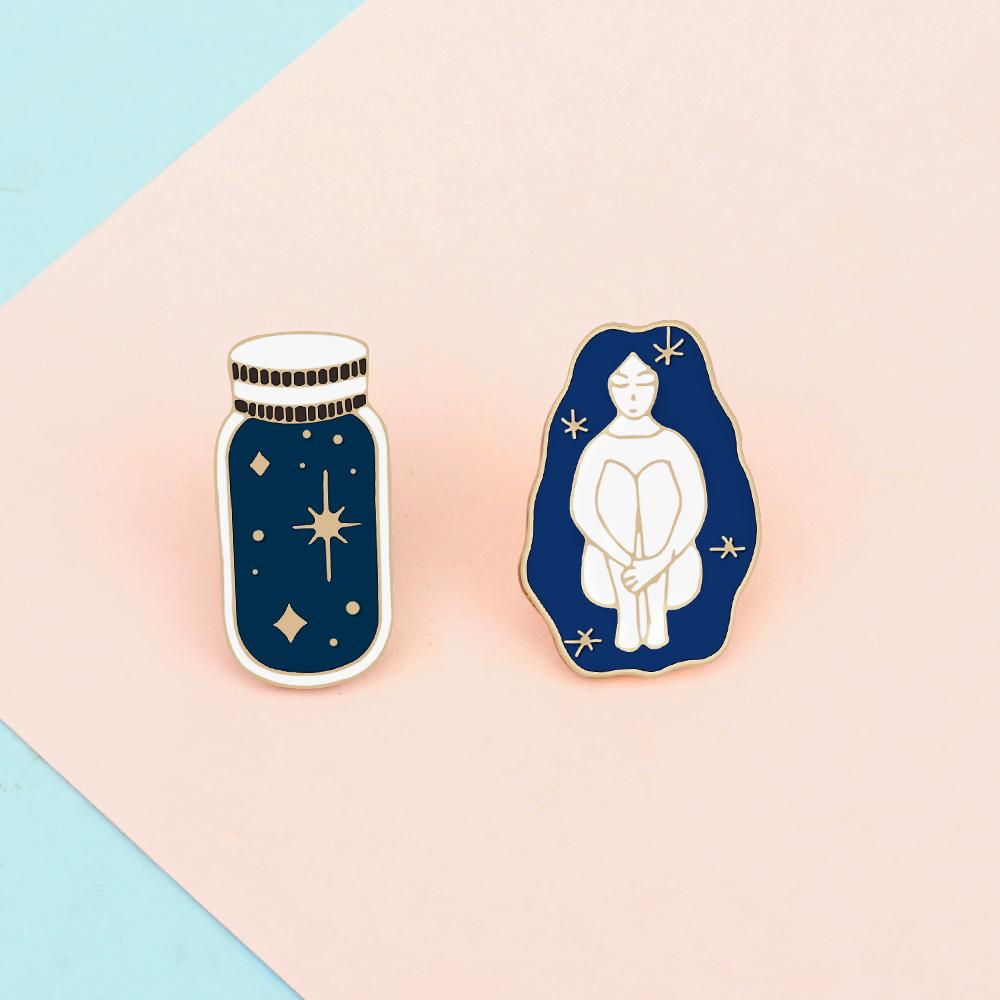 Creative Cartoon Enamel Pins Elegant Girl Blue Wishing Bottle Brooches Jewelry Long Haired Beauty Star Sky Bag Lapel Badge Gift