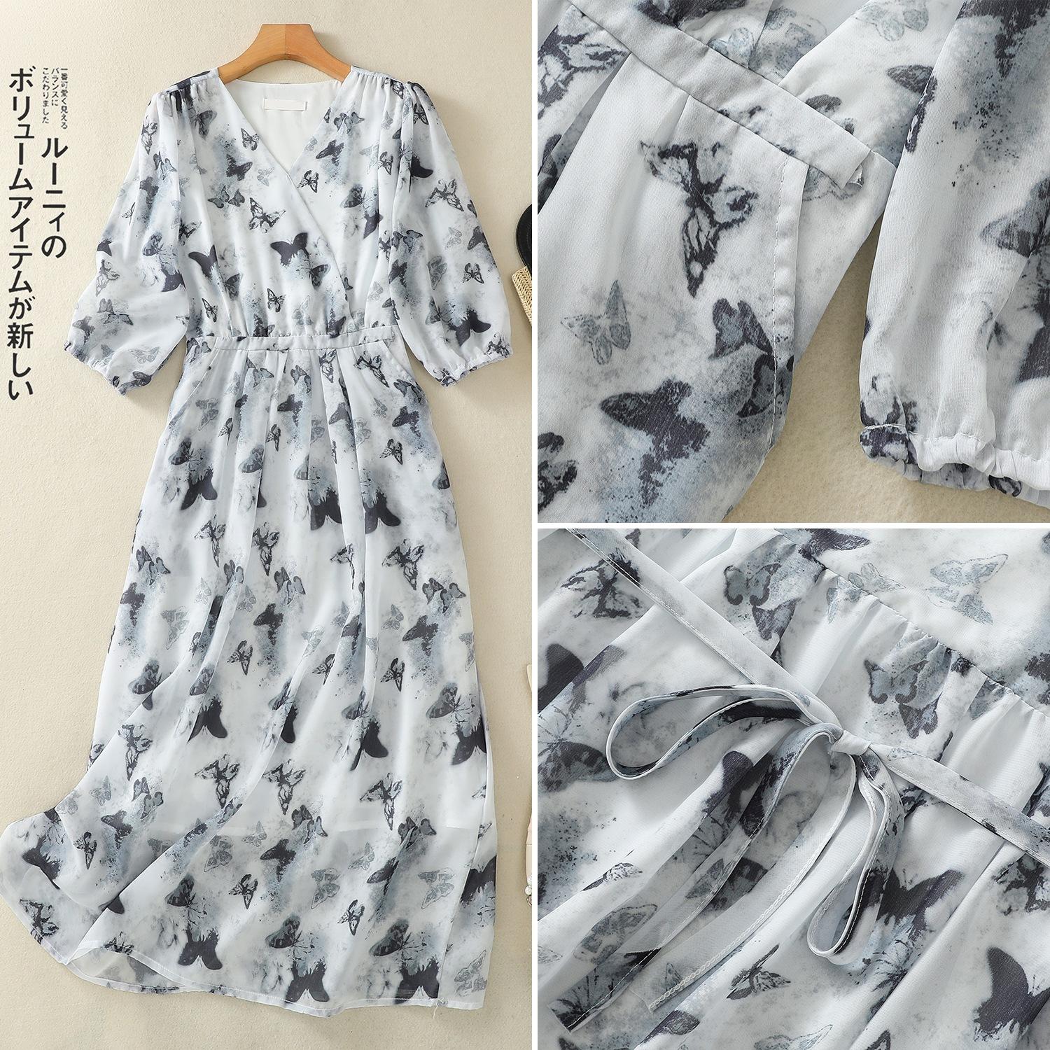 

Платье с принтом бабочек и росписью тушью, летнее женское новое платье с v-образным вырезом и цветочным принтом, с приподнятой талией 2XL