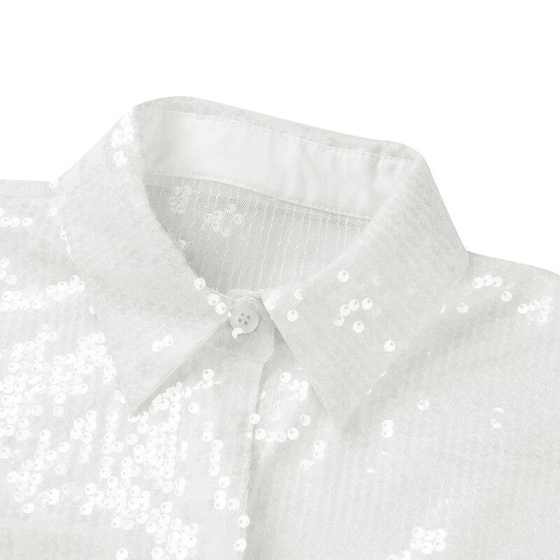 2023 Women's Sparkle Sequin Tops Shimmer Glitter Loose Party Shirt Button Down V Neck Blouse Clubwear Y2K Streetweatr
