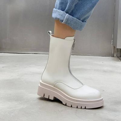 New Women's Round Head Zipper Martin Boots Solid Color Medium Heel Thick Sole Non-slip Leather Women's Boots Autumn and Winter Medium Boots