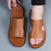 Men Black Leather Slippers Flats Summer Brown Sandals Outdoor White Wide Head Beach Shoes for Father Over Sized 46 47 48