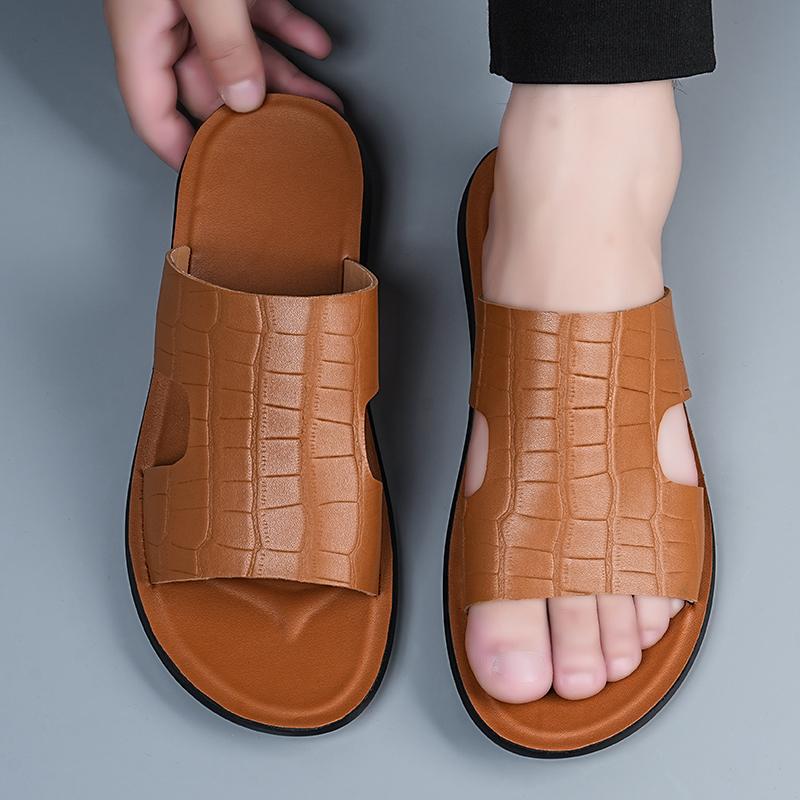 Men Black Leather Slippers Flats Summer Brown Sandals Outdoor White Wide Head Beach Shoes for Father Over Sized 46 47 48