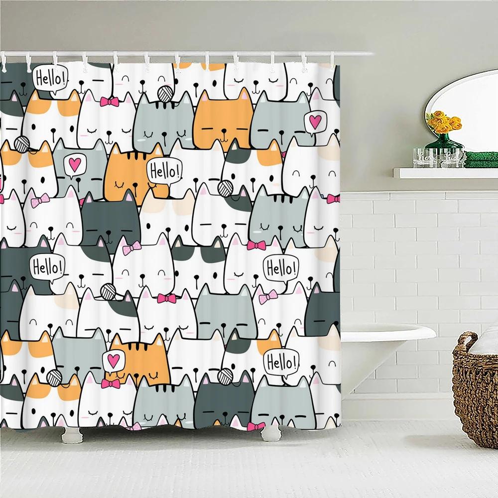 Cute Cat Shower Curtain Lovely Cartoon Funny Colorful Animal Pattern for Pet Kids Girls Fabric Bathroom Decor Curtains with Hook