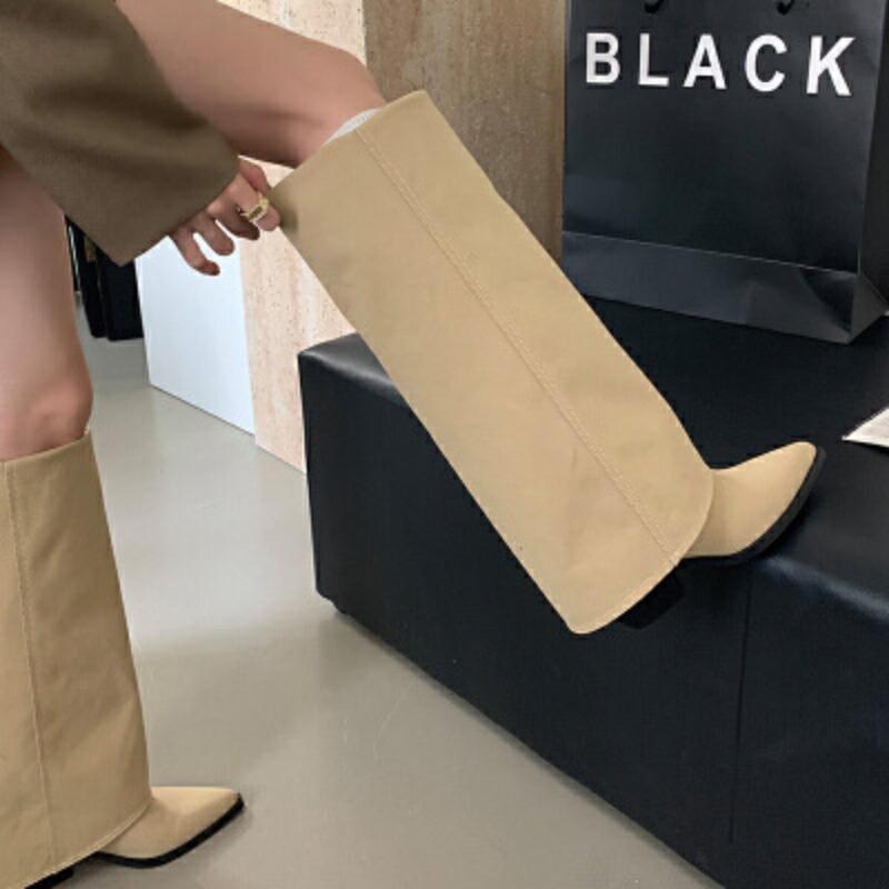 Pointed cowboy boots autumn new thin fashion versatile thick heel western boots but knee trouser tube boots