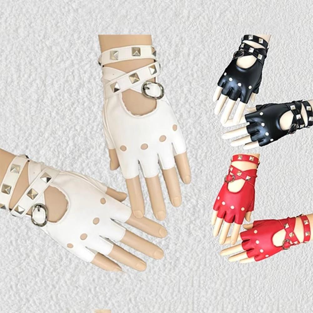 Anti-Slip Half Finger Gloves Cool Fingerless Mittens Unisex Rivets Belt Wrist Gloves  Hip-Hop