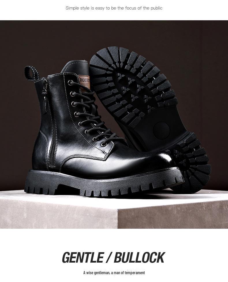 Men's Autumn & Winter Yellow Genuine Leather Boots with Thick Sole, Side Zipper, and Round Toe - Comfortable Mid-High Martin Style.