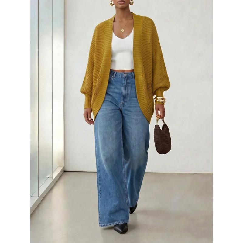 Women S Casual Mustard Yellow Solid Long Sleeve Cardigan Sweater
